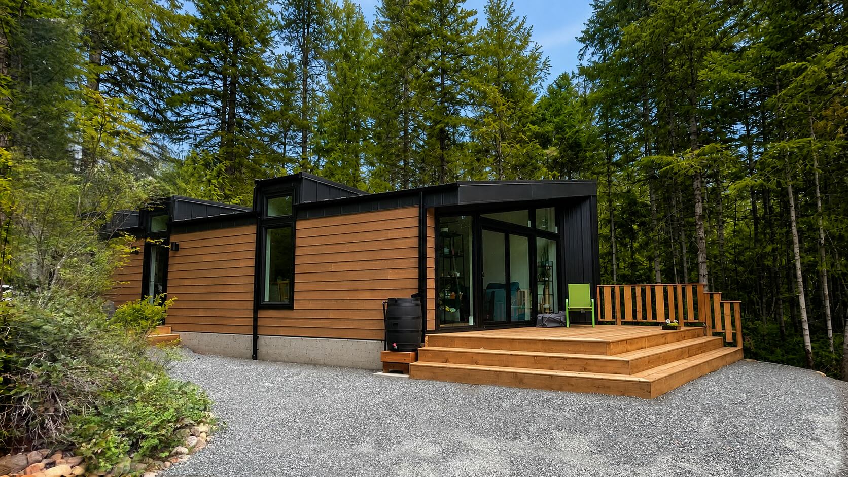 Completed modular home with wood and steel cladding, Vancouver Island